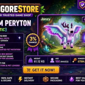 Op de afbeelding: Digitale advertentie voor een game shop, met een fantasie wezen genaamd Venom Peryton. Het wezen heeft paarse en blauwe vleugels, en de tekst zegt "Get it Now!" en "Trusted Seller."