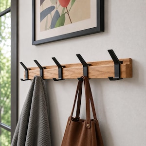 Nordic Wall Mounted Coat Rack with 5 Movable Hooks, Aluminum & Wood Hanger Rail for Hats, Towels and Robes Entryway Organizer Decor