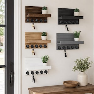 May include: A selection of key holders in shades of dark brown, black, light brown, grey, and white. Each has a small shelf with a potted plant and six black hooks for keys. The key holders are mounted on a white wall.