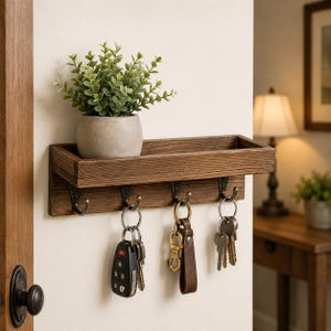Rustic Wood Key Holder Wall Shelf with Hooks, Entryway Organizer, Farmhouse Floating Mail & Phone Rack, Decorative Key Hanger Storage