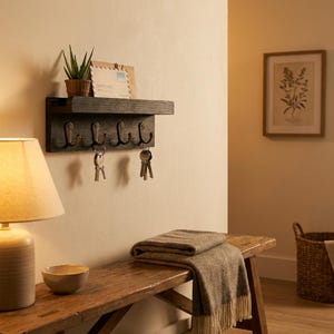 May include: A dark gray wooden key holder with five metal hooks, a small shelf, and a potted plant. Keys hang from the hooks. A bench with a folded blanket and a lamp are in the foreground. A framed botanical print hangs on the wall.