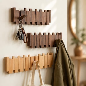 Perchero de pared de roble macizo, riel con ganchos de madera natural hecho a mano, organizador rústico para la entrada, decoración minimalista para el pasillo.