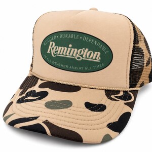 Remington Stone Brown Mesh Trucker Hat with Cream Label Remington Classic Logo Adjustable Hat - WearYourBeer main image 3