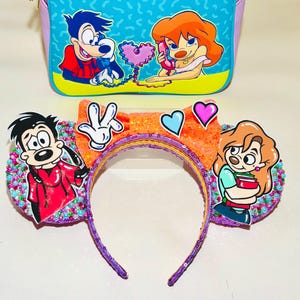 Ręcznie malowana opaska na głowę z uszami Goofy'ego z filmu Max i Roxanne, kokarda zdobiona kryształkami, wodoodporny dodatek