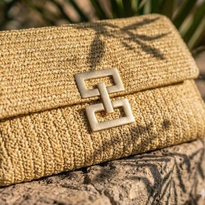 Könnte beinhalten: Eine gewebte Stroh-Clutch mit einem goldfarbenen rechteckigen Verschluss. Die Tasche hat eine hellbraune Farbe und eine strukturierte Oberfläche. Der Verschluss hat ein geometrisches Design. Die Clutch ist zusammengeklappt.