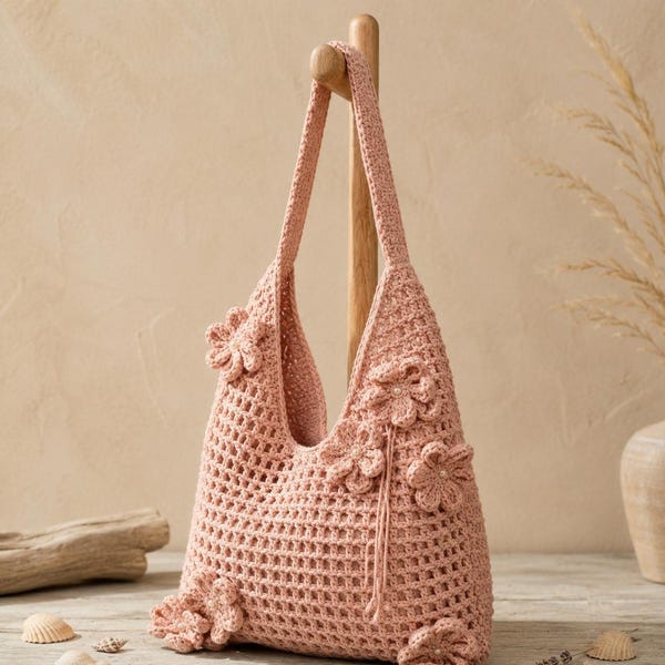 Pink Crochet Shoulder Bag Floral Boho Beach Tote Woven Look Hobo Purse Summer Vacation Gift for Her Lightweight Resort Bag