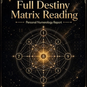 May include: A digital graphic with the text "Full Destiny Matrix Reading" in gold lettering. The design features a geometric pattern with numbers and lines, set against a dark background with star-like accents. The words "Personal Numerology Report" are also included.