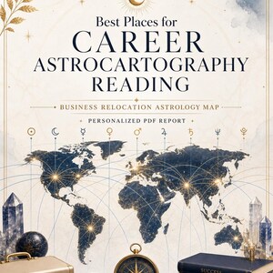Op de afbeelding: Een astrologie-thema grafiek met de tekst "Best Places for Career Astrocartography Reading". De afbeelding toont een wereldkaart met verbindingslijnen, een kompas, boeken en een kleine koffer. De woorden "Success", "Opportunity" en "Growth" staan op de boeken.
