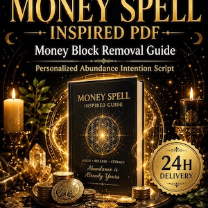 May include: A digital PDF titled "Money Spell" with a black cover and gold lettering. The image includes a book, coins, candles, and the text "Money Block Removal Guide" and "Personalized Abundance Intention Script."
