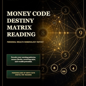 May include: A digital PDF reading titled "Money Code Destiny Matrix Reading" with a gold and black design. The image includes text about personal wealth numerology, decoding earning patterns, and is personalized by birth date.