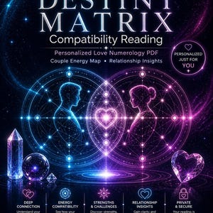 Könnte beinhalten: Digitalgrafik mit den Worten "DESTINY MATRIX Compatibility Reading". Das Bild zeigt zwei silhouettierte Figuren in miteinander verbundenen Kreisen, mit Text über Liebesnumerologie, Energie des Paares und Beziehungseinblicke. Das Farbschema ist blau, lila und rosa.
