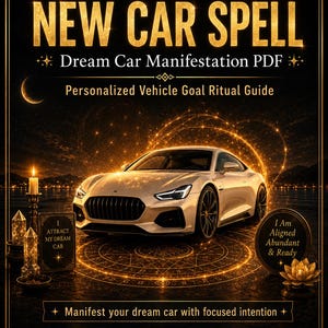 May include: A digital PDF titled "NEW CAR SPELL" with a gold car graphic. The image includes text: "Dream Car Manifestation PDF" and "Personalized Vehicle Goal Ritual Guide." Additional text includes "Attract My Dream Car" and "I Am Aligned Abundant & Ready."