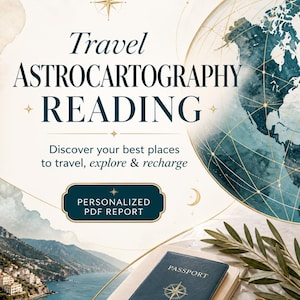 May include: An advertisement for a travel astrocartography reading. The image shows a globe, a passport, and a compass. Text includes "Travel Astrocartography Reading" and "Personalized PDF Report". The background depicts a coastal scene.