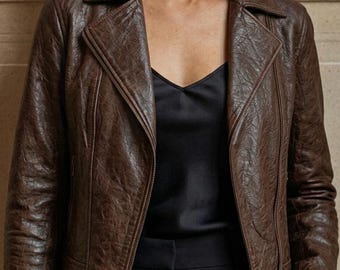 Womens Brown Leather Jacket Cropped - Genuine Soft Sheepskin Textured Biker Moto Jacket
