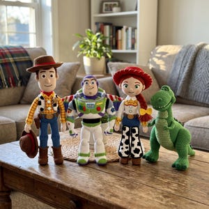 Puede incluir: Un conjunto de cuatro muñecos de ganchillo que representan personajes de una popular película de animación. El grupo incluye un vaquero con sombrero marrón, un guardián espacial con alas, una vaquera con pelo de lana roja y un dinosaurio verde.