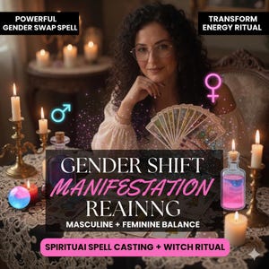 Könnte beinhalten: Ein Bild mit einer Frau, die Tarotkarten hält, mit Textüberlagerung. Der Text enthält "GENDER SHIFT MANIFESTATION REAINNG" und "SPIRITUAL SPELL CASTING + WITCH RITUAL". Kerzen und Flaschen sind ebenfalls sichtbar.