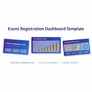May include: An Event Registration Dashboard Template featuring three blue-toned digital charts. The graphics display Conference Registration Trends, Total Registration Tracking with bar graphs, and 2026 Registration Demographics with pie charts.