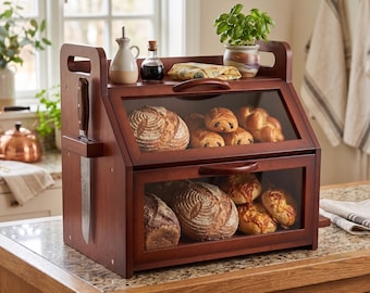 Bamboo Bread Box Storage Container, Two Tier Kitchen Counter Organizer