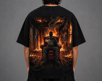 Camiseta con estampado de fuego, camisa urbana extragrande de hombre en llamas oscura