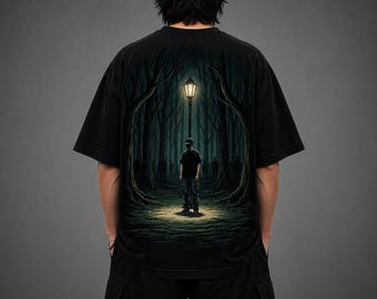 Camiseta gráfica surrealista oscura, camisa urbana extragrande clara