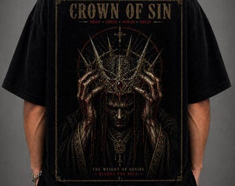 Camiseta con corona gótica, camiseta gráfica extragrande, estilo urbano oscuro con la corona del pecado.