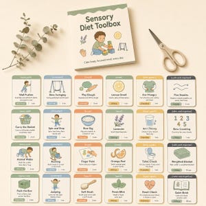 May include: A Sensory Diet Toolbox kit featuring a square instruction booklet with a child illustration, a pair of scissors, and twenty-five square activity cards. Each card displays a colorful icon, a category label, and descriptive text.