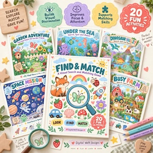 May include: A collection of Find & Match visual search and matching game books featuring themes like Garden Adventure, Under the Sea, Dinosaur Valley, Space Mission, and Busy Farm. The set includes a magnifying glass and 20 fun activities.
