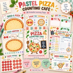 Puede incluir: Una colección de 18 páginas de aprendizaje imprimibles tituladas Pastel Pizza Counting Cafe, con coloridas ilustraciones de pizzas, ingredientes y actividades matemáticas para niños, incluyendo clasificación, suma y un formulario de pedido.