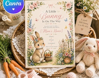 Invitación para baby shower de conejito, invitación para baby shower de conejito rosa, baby shower de niña, invitación de conejo, plantilla editable de Canva, baby shower de niño