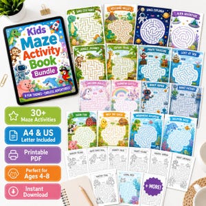May include: A digital bundle of printable maze activity sheets for children, featuring a colorful cover titled Kids Maze Activity Book Bundle with illustrations of a dinosaur, monkey, robot, pig, and dolphin, alongside various themed maze pages.