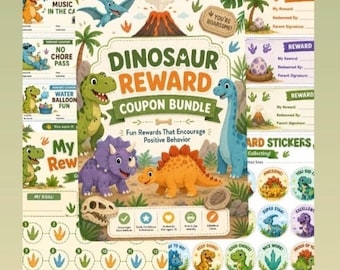 Paquete de cupones de recompensa de dinosaurios, cupones imprimibles para niños, tabla de pegatinas de recompensa, 50 cupones prediseñados, 20 cupones rellenables, certificado de recompensa