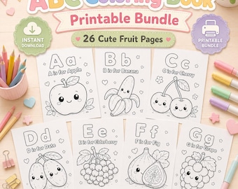 Dibujos para colorear de frutas para niños, libro para colorear de frutas, páginas de frutas para niños pequeños, actividad para colorear preescolar, libro imprimible kawaii