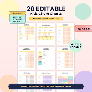 May include: A digital download featuring 20 editable kids' chore charts. The charts include sections for chores, responsibility, rewards, and daily routines. The text, font, and colors are editable. The charts are available in PDF and Canva formats.