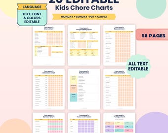 Paquete de tablas de tareas infantiles editables, tabla de tareas semanales, tabla de rutinas, tabla de recompensas por buen comportamiento, tabla de responsabilidades infantiles, plantilla de Canva