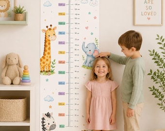 Tabla de crecimiento infantil imprimible, tabla de altura infantil, tabla de crecimiento de animales, escala de crecimiento infantil, registro de altura para niños pequeños, imprimible de Safari Nursery