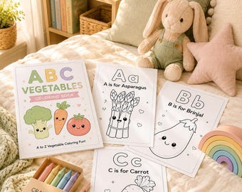 Libro para colorear de verduras del abecedario, actividad de aprendizaje para niños en edad preescolar (descarga digital)