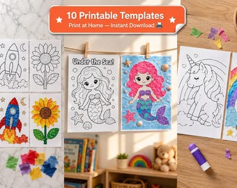 Torn Paper Craft Printable Bundle, 10 Summer Activities for Kids, Butterfly Paper Craft, Hot Air Balloon, Rocket, Unicorn, Ice Cream Craft