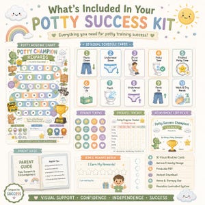 May include: A potty success kit featuring a routine chart, ten visual schedule cards, reward tokens, a progress tracker, an achievement certificate, and a parent guide. The set includes colorful illustrations of a dinosaur, a trophy, and clouds.