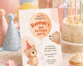 Plantilla editable de invitación de cumpleaños de osito de peluche, invitación de cumpleaños imprimible, invitación para baby shower de osito de peluche, invitación de cumpleaños editable