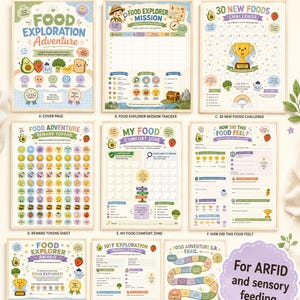 May include: A set of 11 printable pages for a food exploration adventure, including a cover page, mission tracker, 30 new foods challenge, reward tokens, comfort zone chart, feeling tracker, award certificate, progress notes, and a trail game.