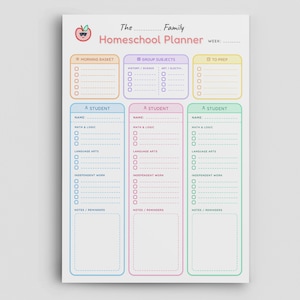 May include: A colorful homeschool planner with sections for morning tasks, group subjects, and individual student schedules. The planner includes spaces for notes and reminders, with a cheerful apple graphic at the top. The text reads "The Family Homeschool Planner".