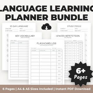 Language Learning Planner Bundle | Digital Study Tracker Kit | 30 Day Plan, Vocabulary Log
