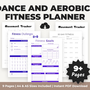 May include: A digital dance and aerobics fitness planner featuring multiple white pages with purple text and graphics. The pages include sections for movement trackers, fitness challenges, and fitness goals. A black starburst icon displays 9+ Pages.