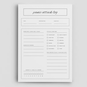 May include: A white panic attack log with a dotted border. The title "panic attack log" is at the top. Sections include date, time mapping, duration, physical symptoms, suspected triggers, and severity scale from 1 to 10.