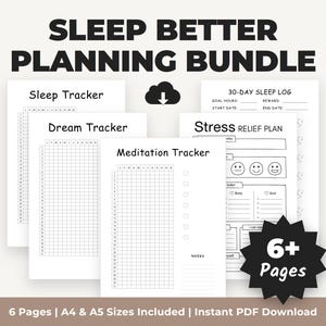 Puede incluir: Un paquete de planificación Sleep Better con varias páginas imprimibles que incluyen un rastreador de sueño, rastreador de sueños, rastreador de meditación y registro de sueño de 30 días. Documentos en blanco y negro con cuadrículas y texto. Un icono de estrella negra indica 6+ páginas.