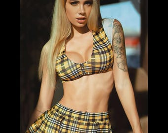 Kariertes Lingerie Set mit Minirock, 3-Teiler kariertes Outfit