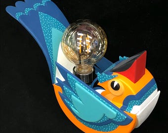 Lampada artigianale “King fish” basculante – design handmade in mdf lavotrato a mano con luce vintage
