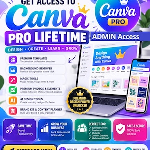 May include: A promotional graphic for Canva Pro lifetime access featuring a laptop and smartphone displaying the interface. Text includes "Get Access to Canva Pro Lifetime," "Admin Access," and lists features like premium templates, background remover, and AI design tools.