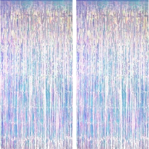 May include: Two rectangular fringe curtains featuring a vertical, thin-strip design. The material has an iridescent, holographic finish that reflects light, displaying a spectrum of shifting colors including light blue, pink, and silver tones.