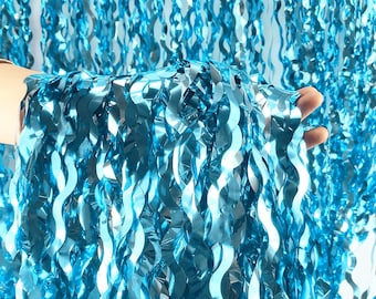 Teal Blue Wavy Tinsel Fringe Curtains: Ocean, Mermaid Party Backdrop (2 Pack)